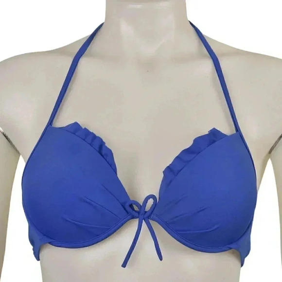 Victoria’s Secret Fabulous  Blue Padded Push Up Bikini Top Swim Ruffles Size 32B - Picture 3 of 13